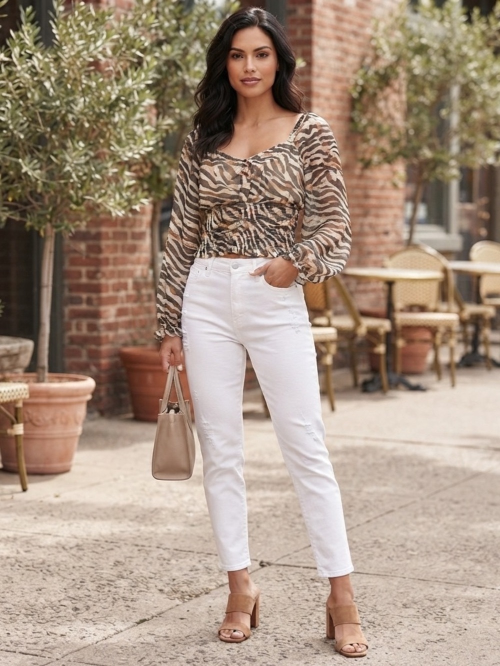 Bloom Animal Print Long Sleeve Smocked Cropped Top